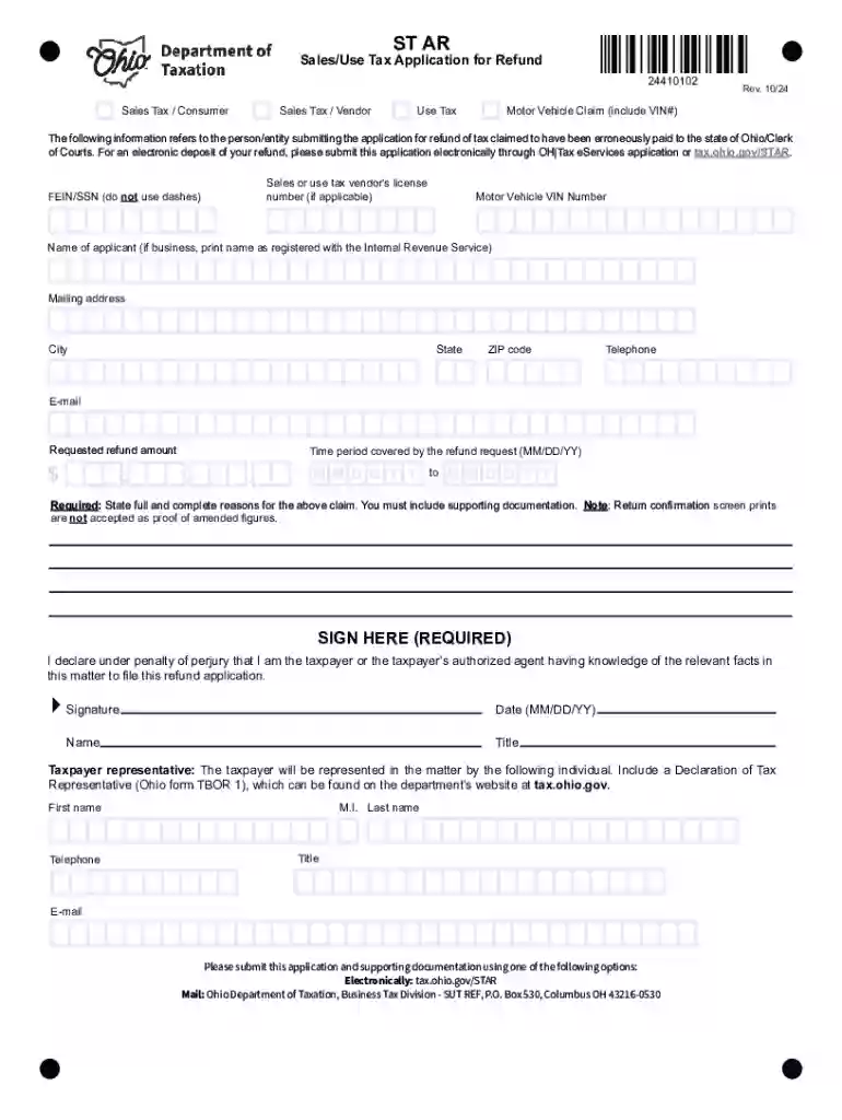 Ohio Sales Use Tax Application for Refund Preview on Page 1