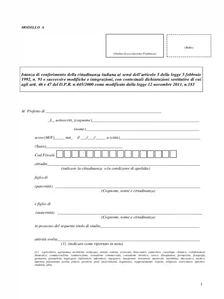 Italian Citizenship Application Form Preview on Page 1