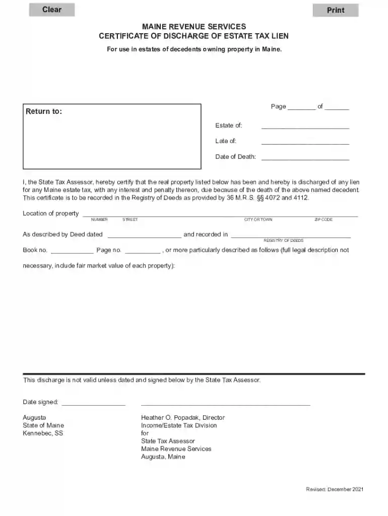Maine Certificate of Discharge of Estate Tax Lien Preview on Page 1
