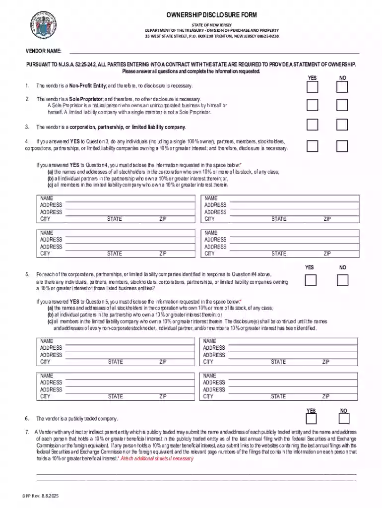 New Jersey Ownership Disclosure Form Preview on Page 1