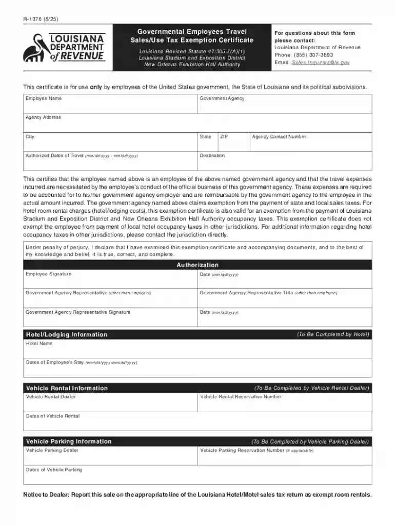 R-1376: Governmental Employees Travel Sales Use Tax Exemption Certificate Preview on Page 1