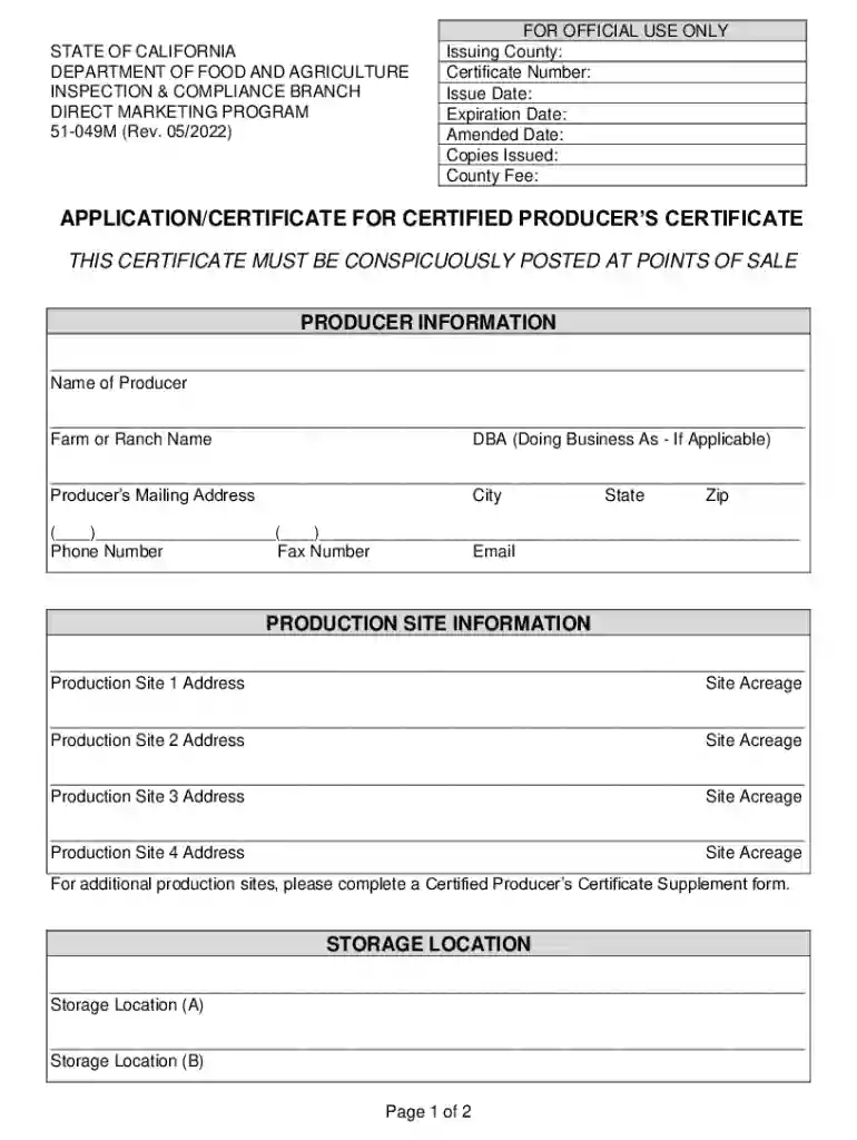 Certified Producer's Certificate Application - California Department Preview on Page 1