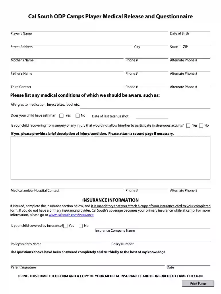 Cal South ODP Camps Player Medical Release and Questionnaire Preview on Page 1