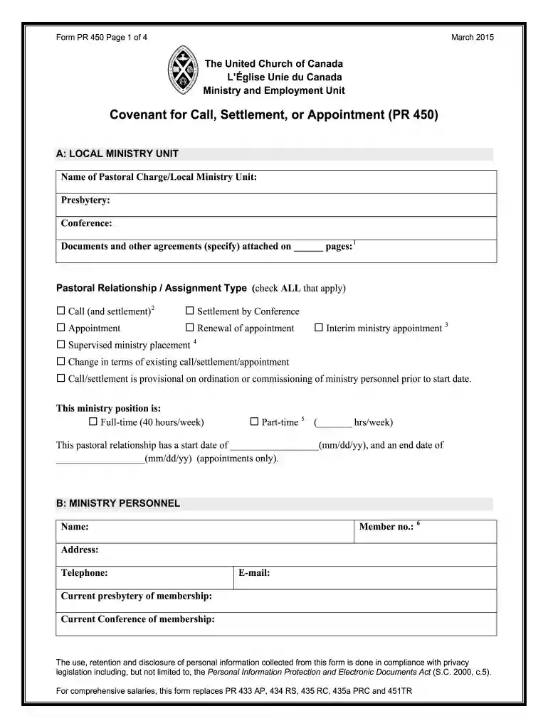 Covenant for Call Settlement or Appointment PR 450 For comprehensive salaries this form replaces PR Preview on Page 1