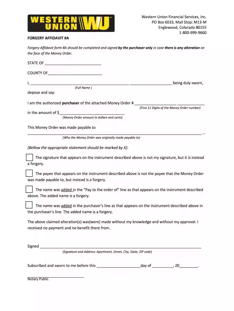 western union affidavit Preview on Page 1