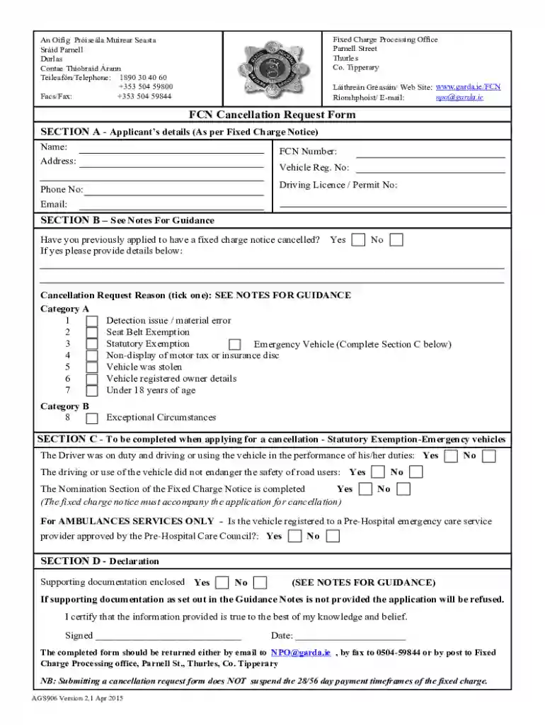fcn cancellation request form Preview on Page 1