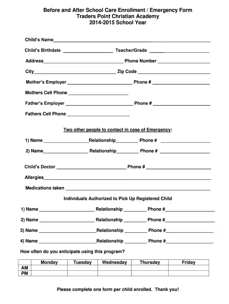 Before and After School Care Enrollment / Emergency Form Preview on Page 1