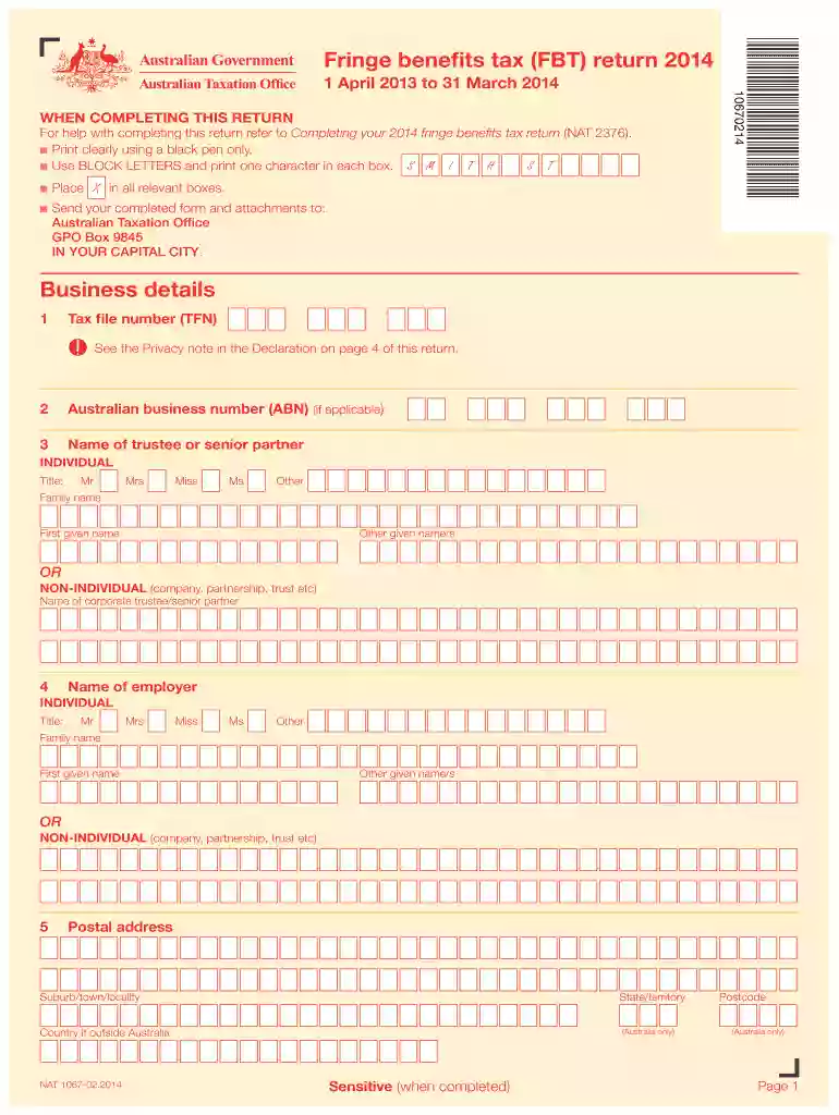 Fringe benefits tax (FBT) return 2014 WHEN COMPLETING THIS RETURN For help with completing this return refer to Completing your 2014 fringe benefits tax return (NAT 2376) - ato gov Preview on Page 1