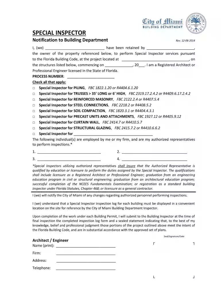 city of miami special inspector form Preview on Page 1