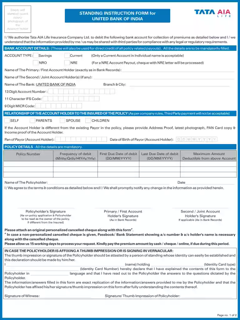 STANDING INSTRUCTION FORM for UNITED BANK - Tata AIA Life Preview on Page 1