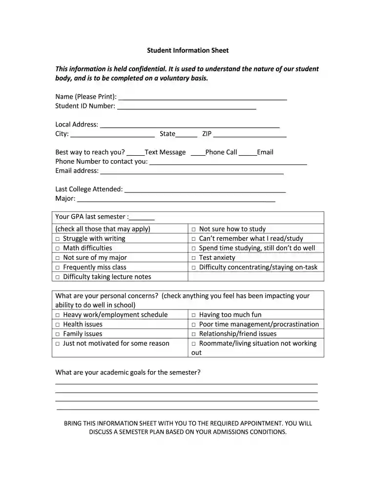 student information sheet Preview on Page 1