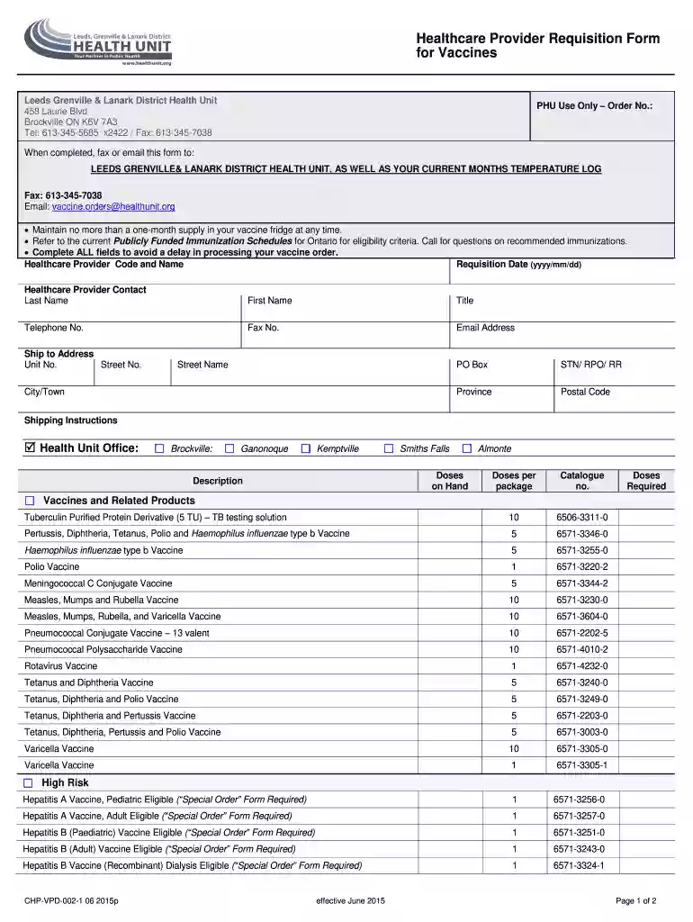 Health Unit Vaccine Order Form - Leeds Grenville and Lanark Preview on Page 1
