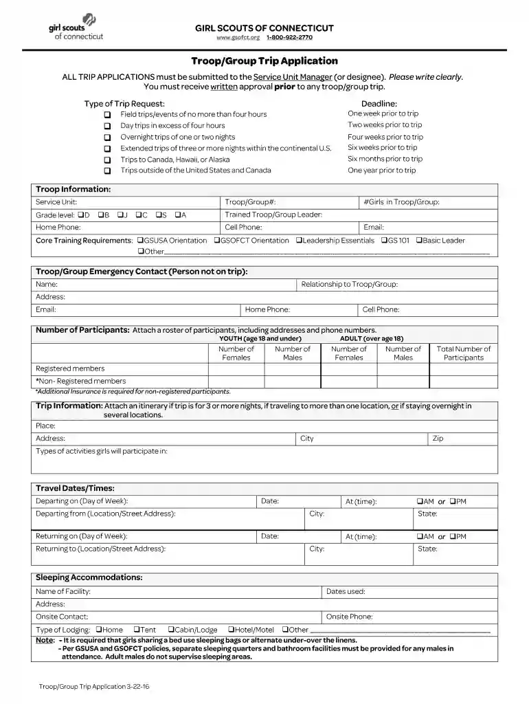 troop trip application Preview on Page 1