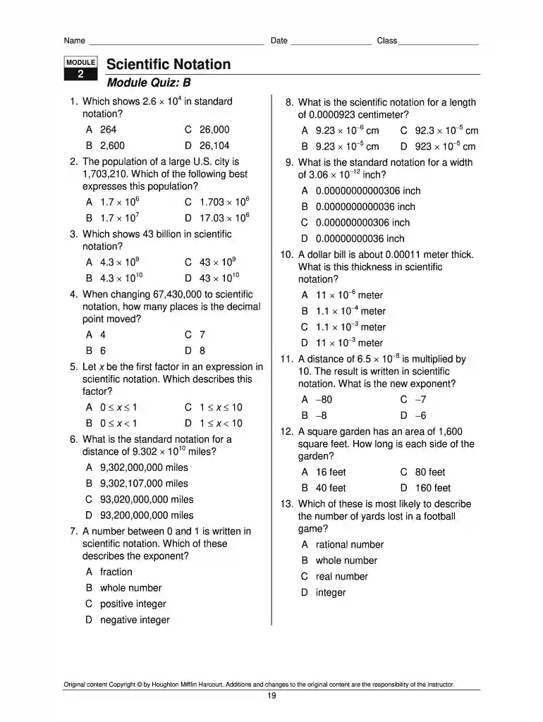 exponents and scientific notation quiz Preview on Page 1