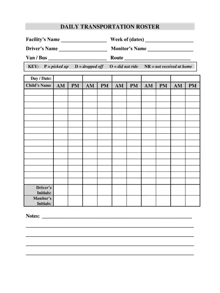 bus roster template Preview on Page 1