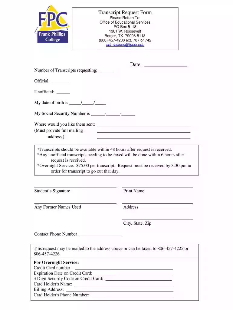 frank phillips college transcript request Preview on Page 1