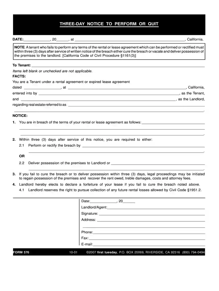 3- day notice to perform or quit form576pdf Preview on Page 1