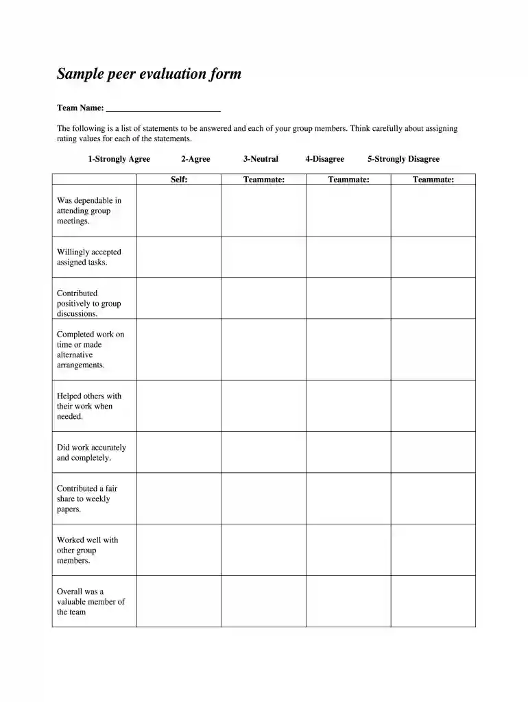 peer evaluation form Preview on Page 1