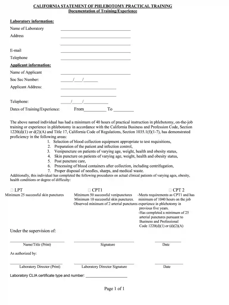 california statement of phlebotomy practical training form Preview on Page 1