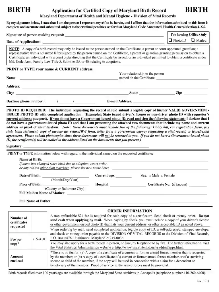 maryland birth certificate application pdf Preview on Page 1