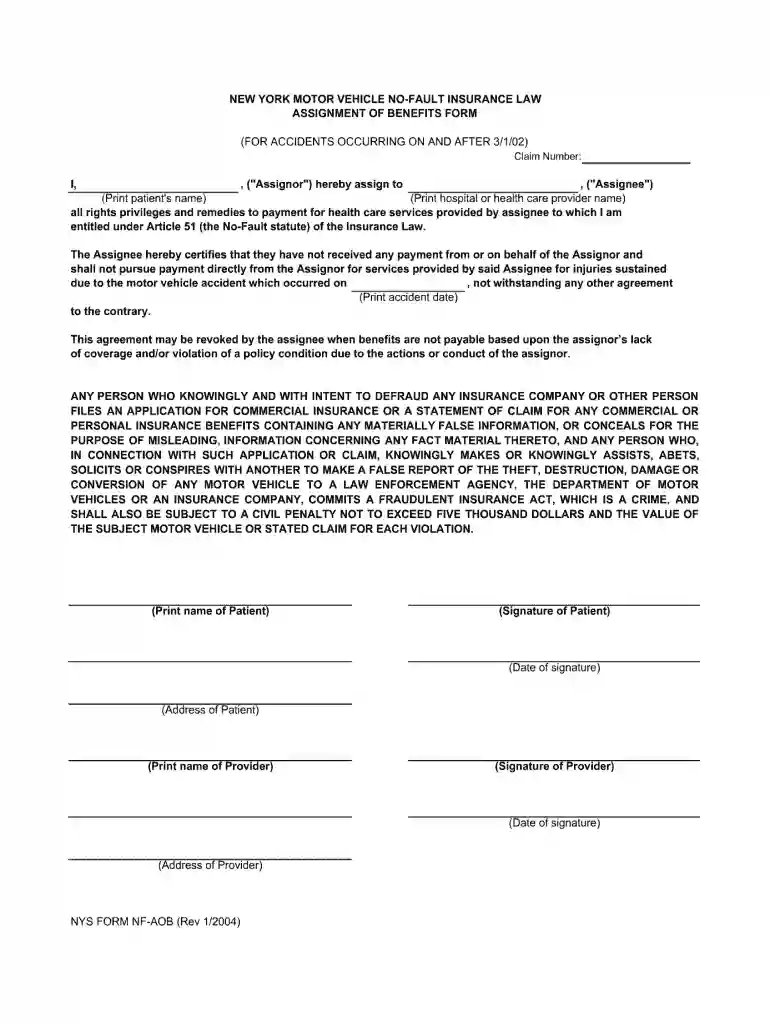 assignment of benefits form ny Preview on Page 1