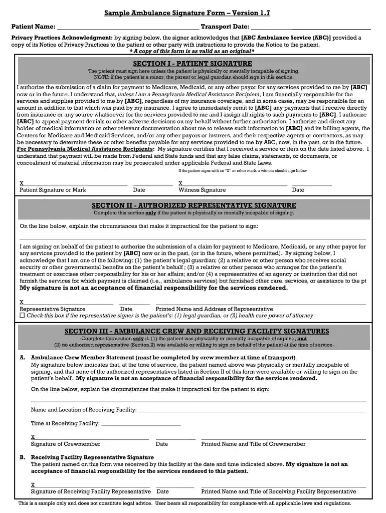 ambulance signature form Preview on Page 1