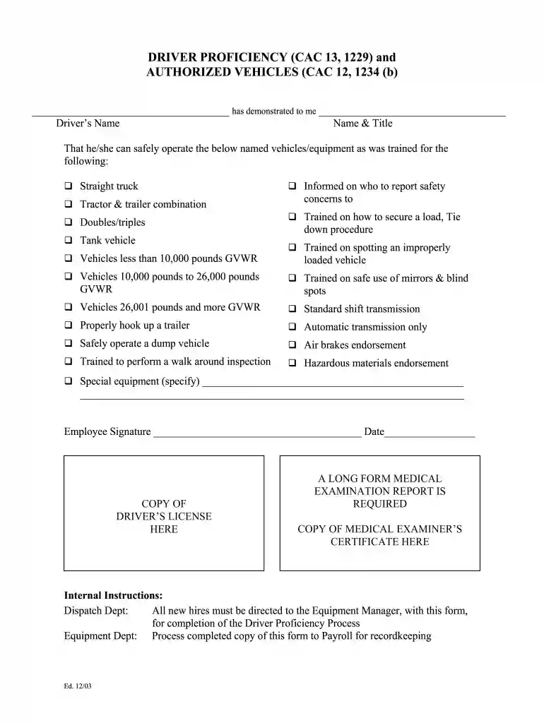 driver proficiency form Preview on Page 1