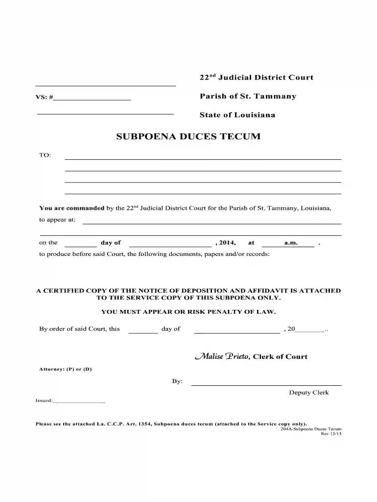 parish subpoena duces tecum form Preview on Page 1