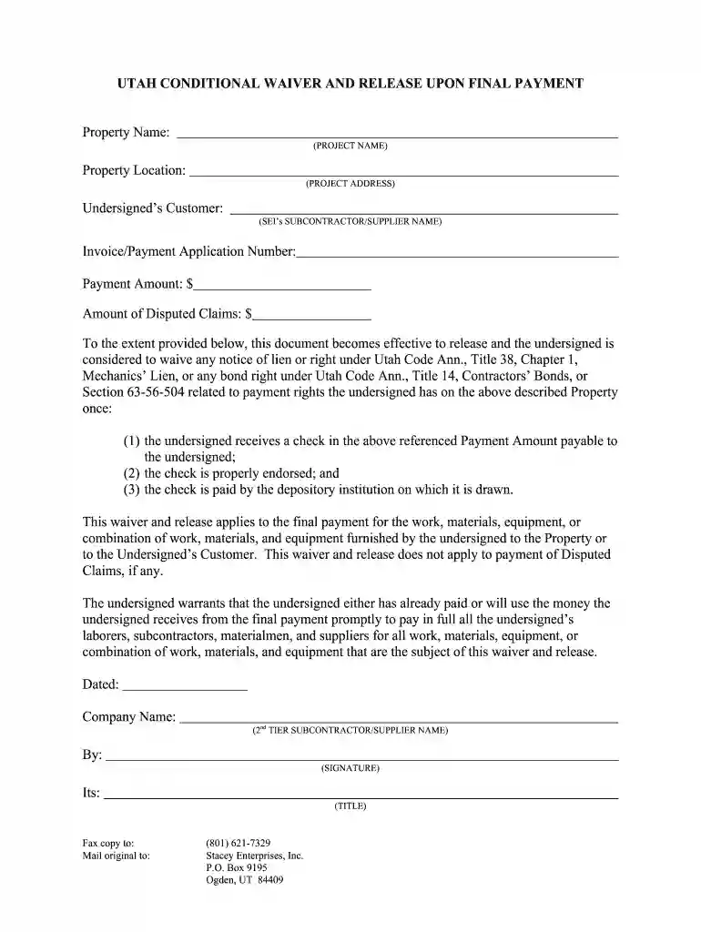 utah conditional lien waiver Preview on Page 1