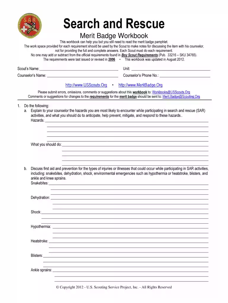 search and rescue merit badge worksheet Preview on Page 1