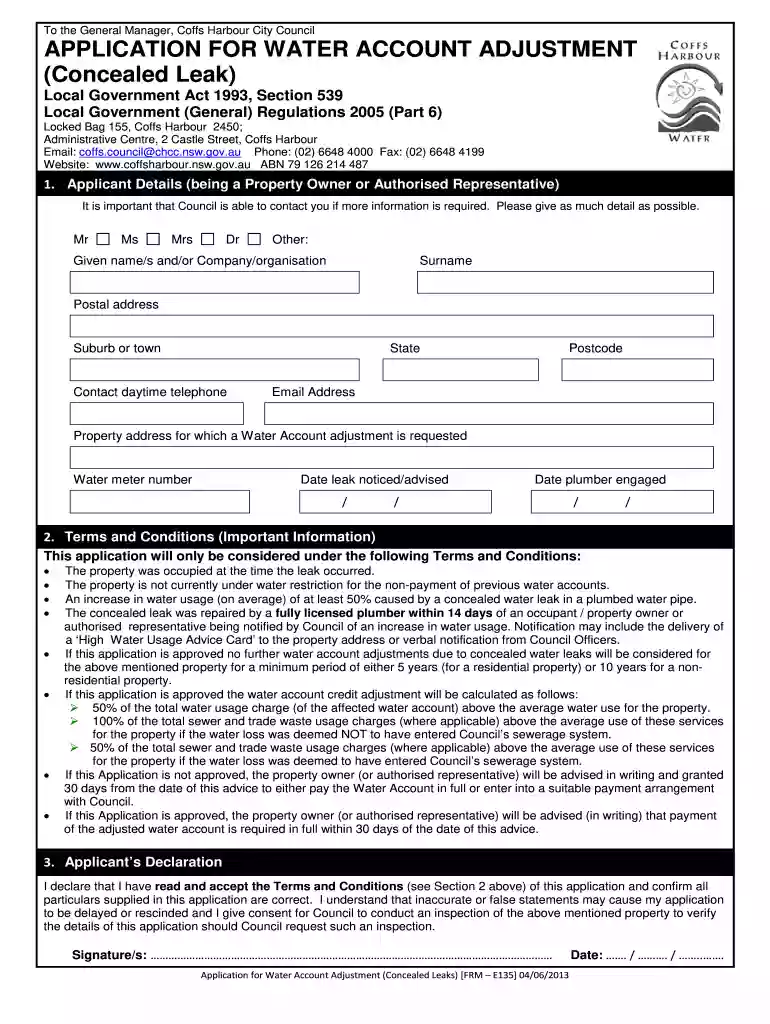 Water Account Adjustment Application Form Concealed Leak Preview on Page 1