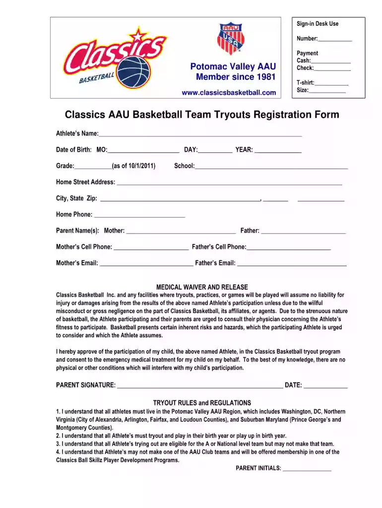 basketball tryout registration form Preview on Page 1