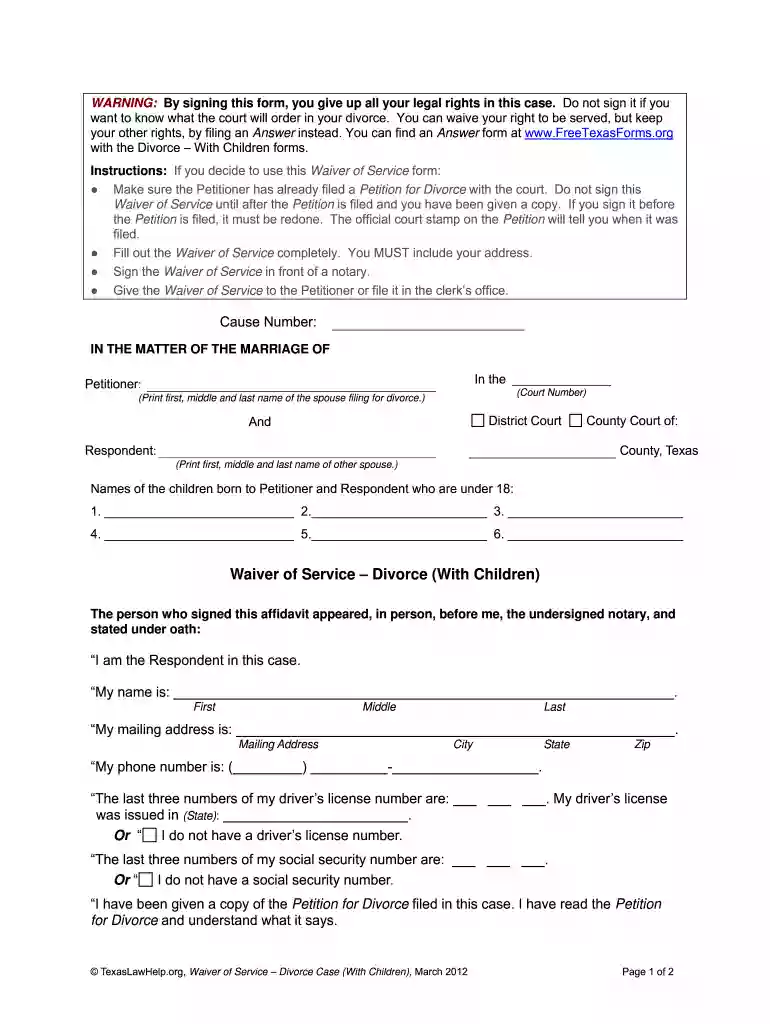waiver of service texas pdf divorce Preview on Page 1