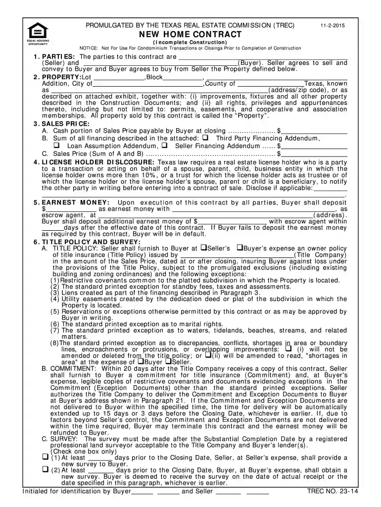 new home contract incomplete construction texas Preview on Page 1