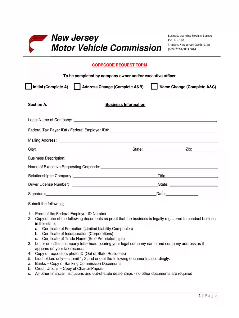 nj mvc corpcode request form Preview on Page 1