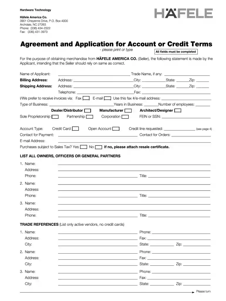 Agreement and Application for Account or Credit Terms Preview on Page 1