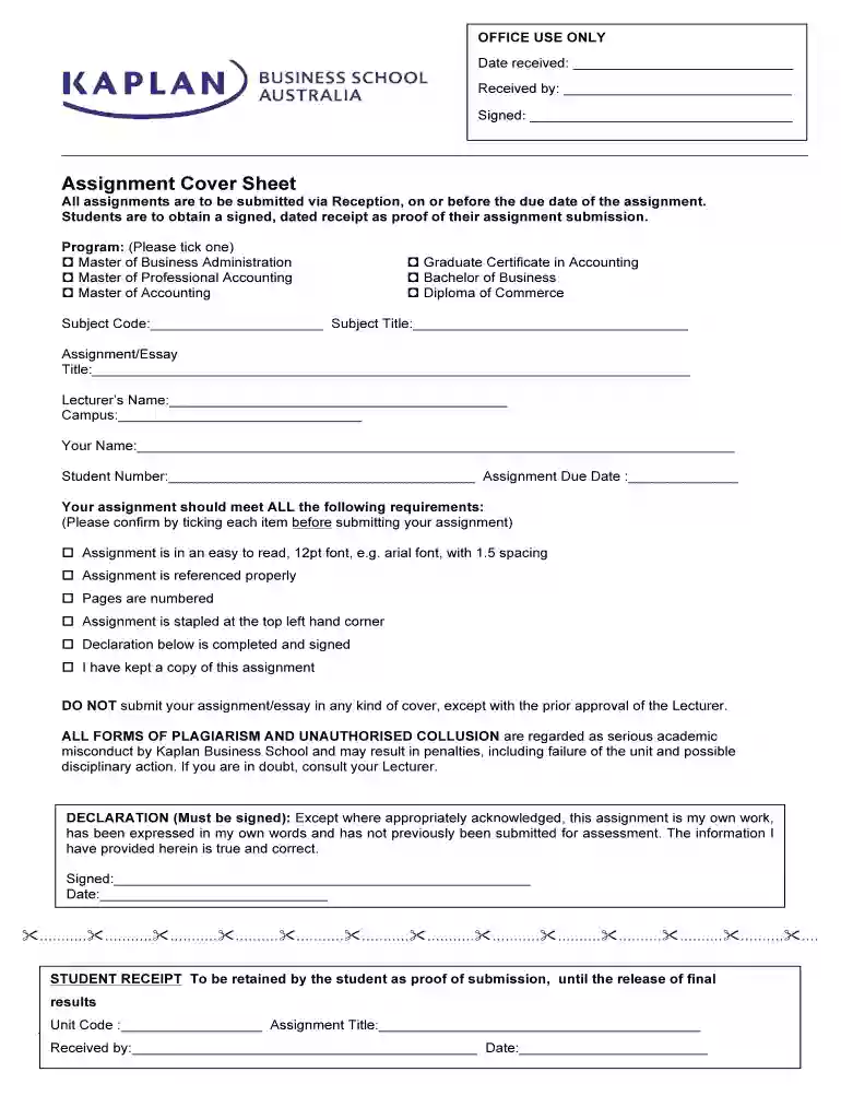 kaplan business school coversheet Preview on Page 1