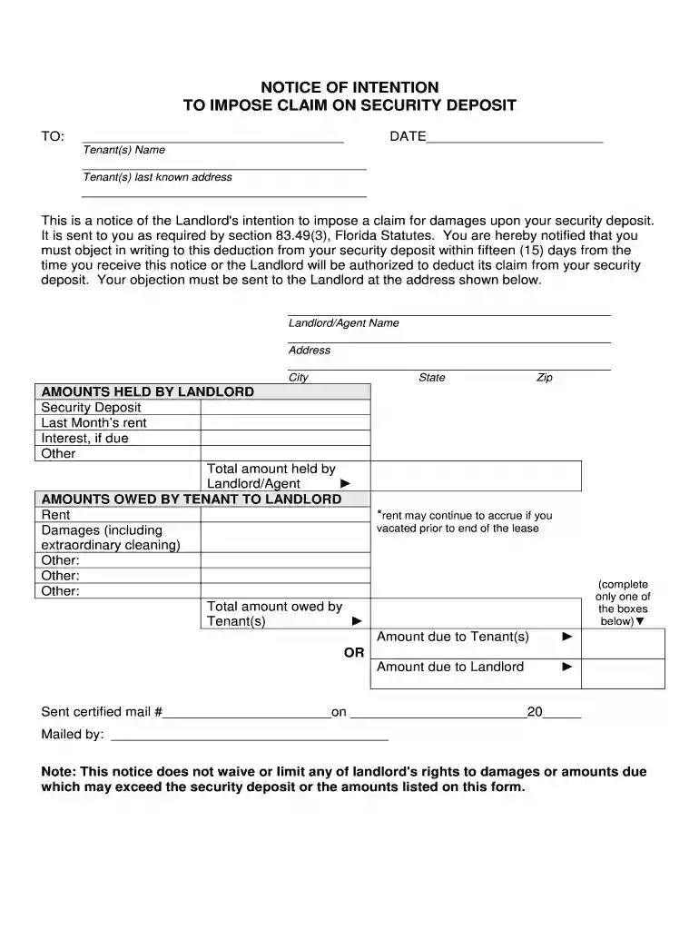 security deposit claim form florida Preview on Page 1