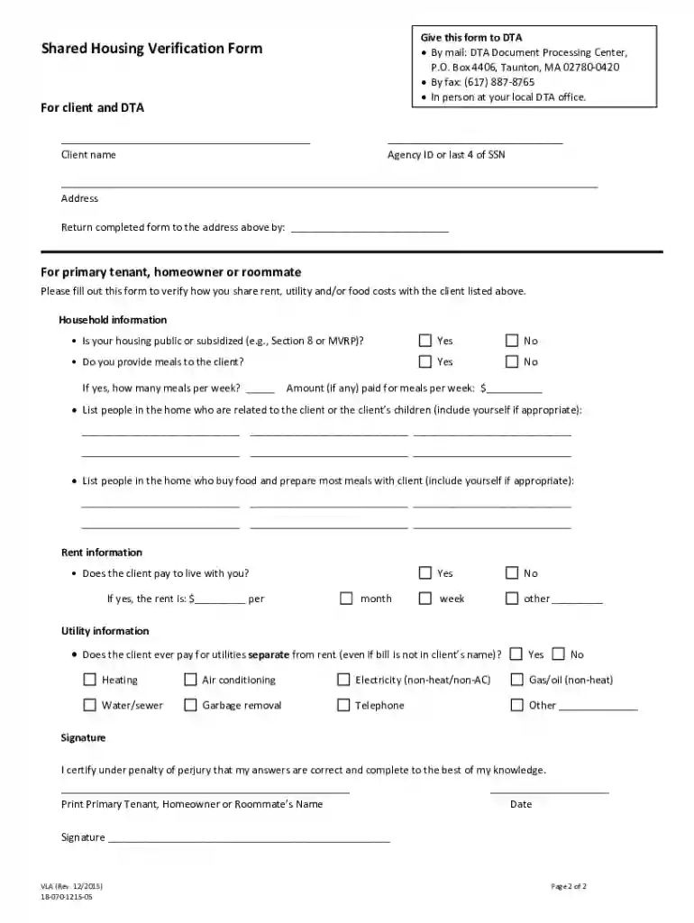 shared housing verification form Preview on Page 1