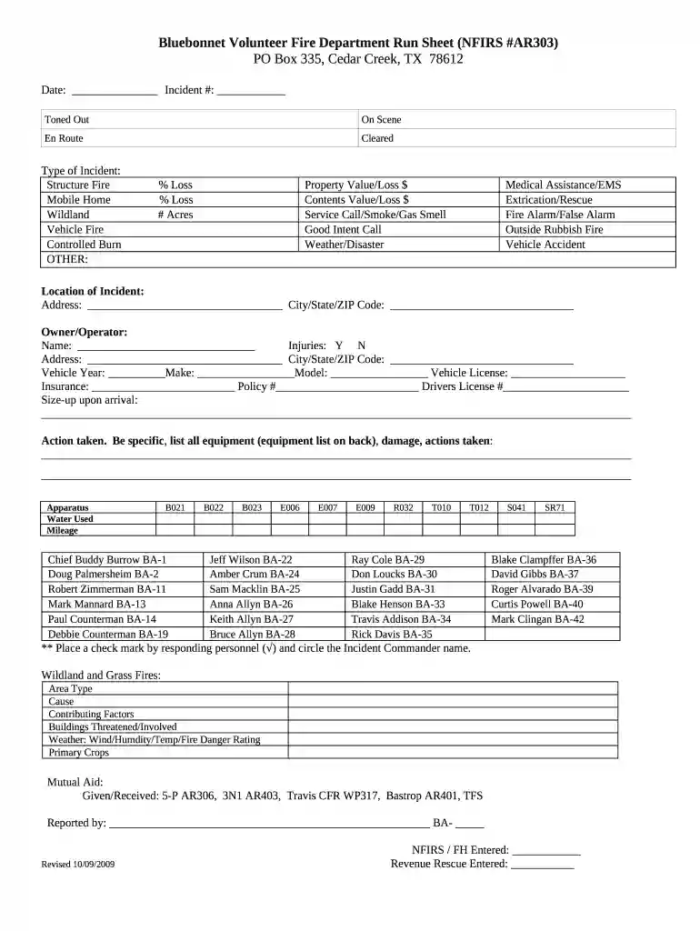 fire department run report template Preview on Page 1