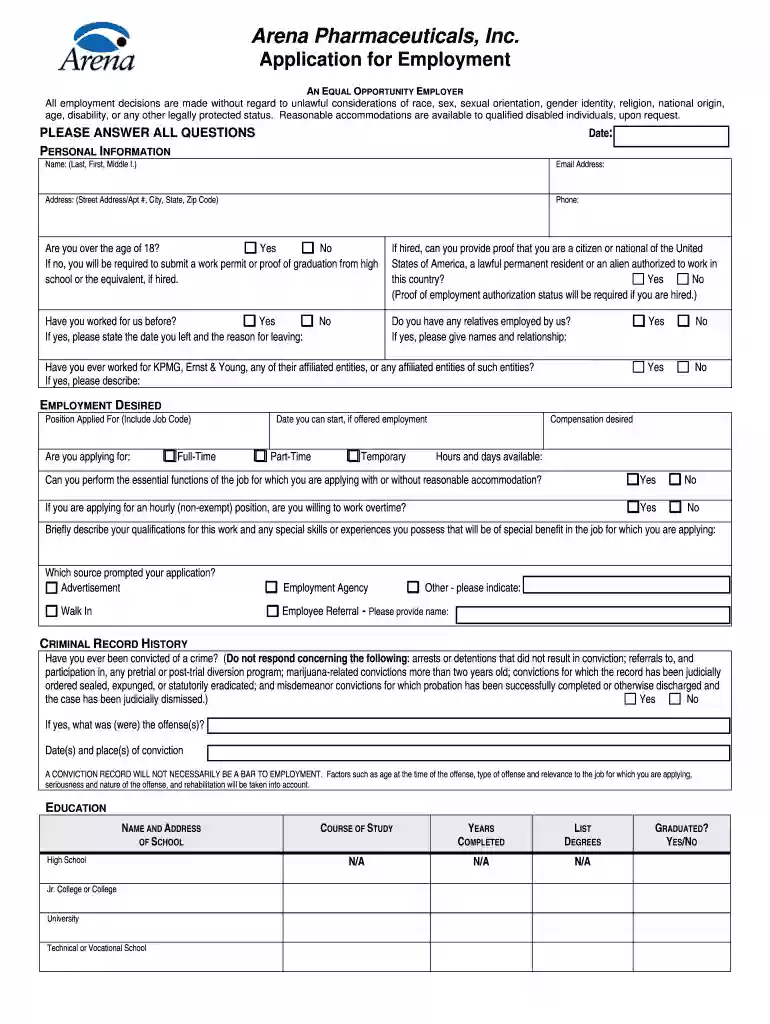 Employment Application Form ( PDF ) - Arena Pharmaceuticals, Inc Preview on Page 1