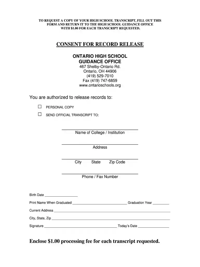 CONSENT FOR RECORD RELEASE Enclose $1 00 processing fee Preview on Page 1