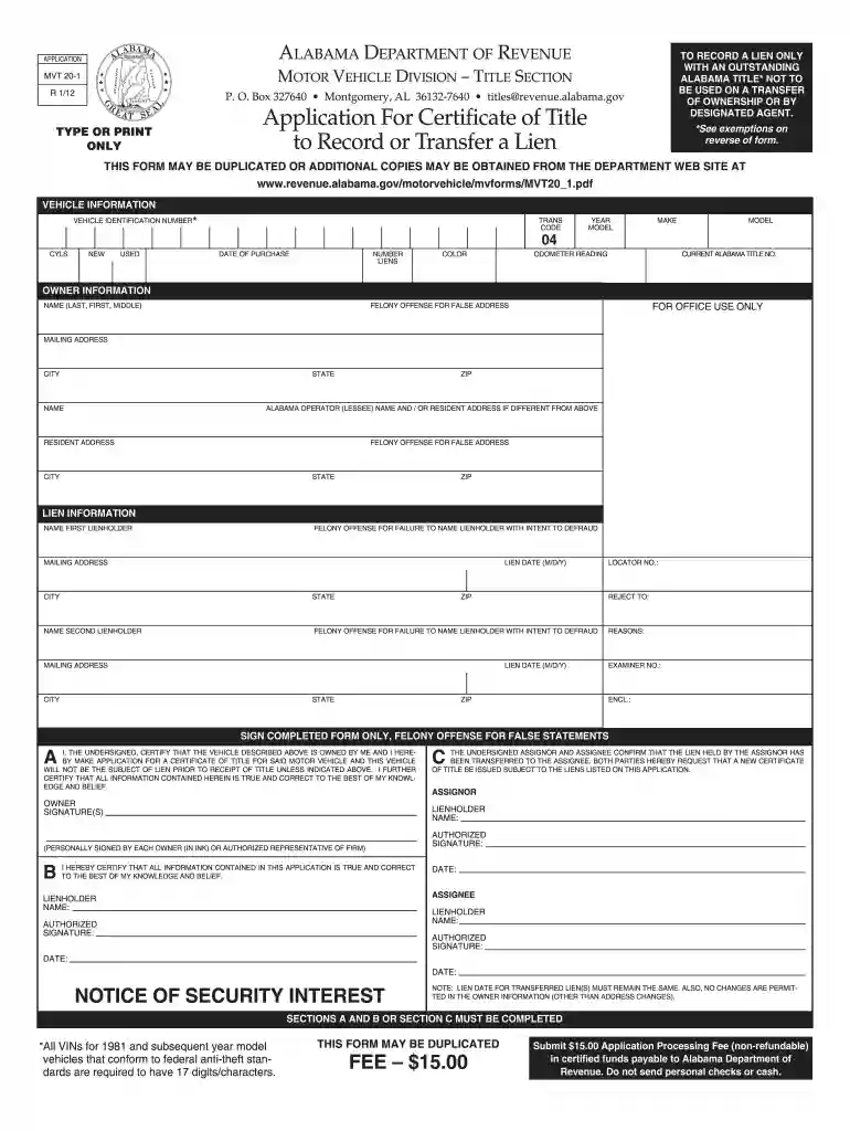 alabama title application Preview on Page 1