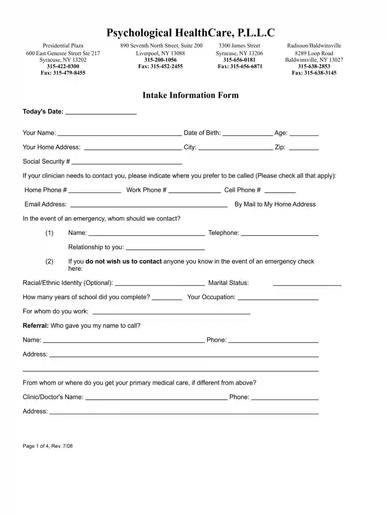 psychology intake form template Preview on Page 1