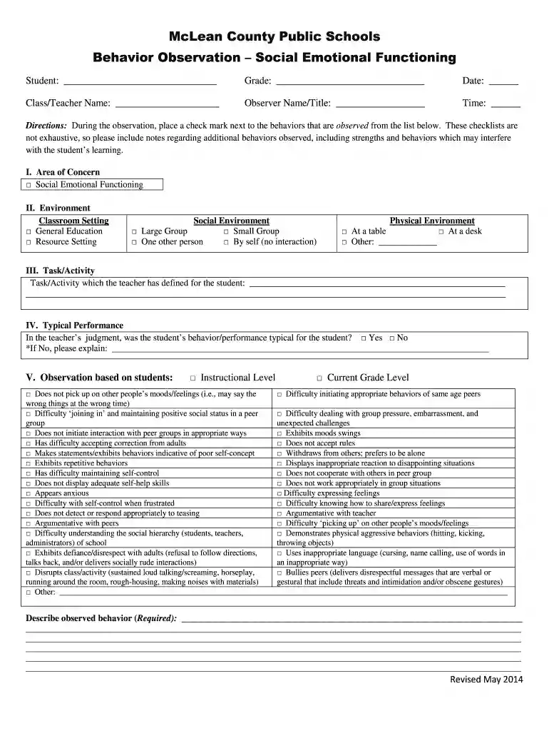 Behavior Observation-Social Emotional Preview on Page 1