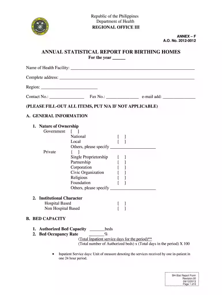 Annual statistical report for birthing homes - DOH Central Luzon Preview on Page 1
