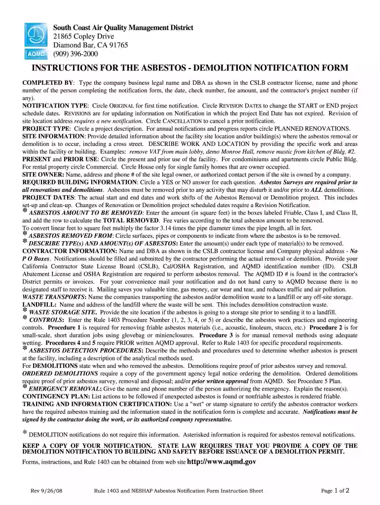 Rule 1403 Notification Form Instruction Preview on Page 1