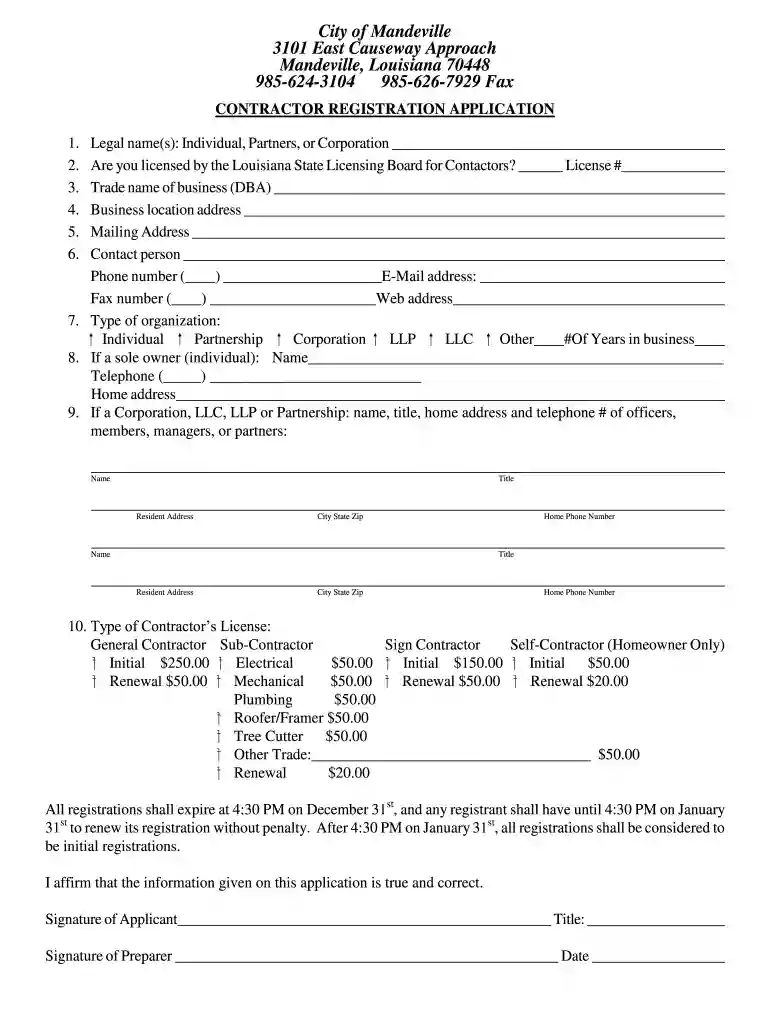contractor application mandeville print Preview on Page 1