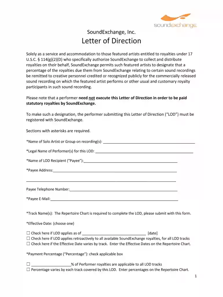 soundexchange letter of direction Preview on Page 1