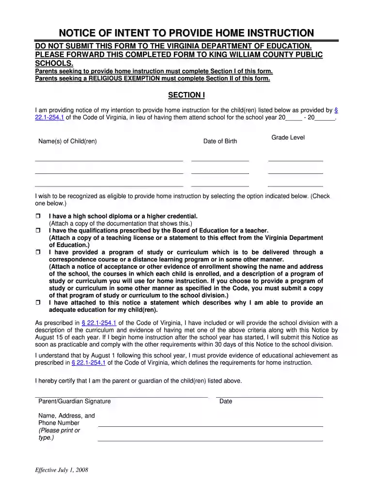 notice of intent to homeschool virginia Preview on Page 1